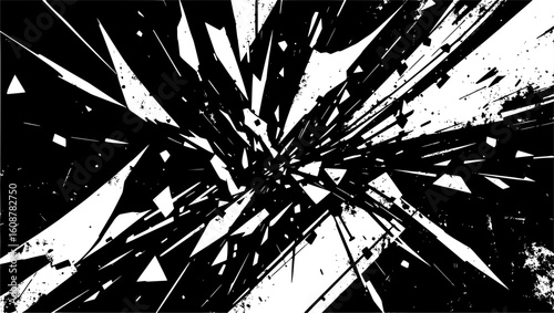 Vector art of a dynamic explosion of sharp black and white fragments creates a chaotic abstract background