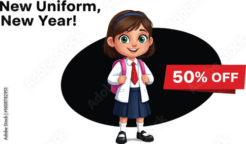 Cheerful Cartoon Girl in School Uniform Featuring a 50% Off Sale Promotion for Back to School Shopping Season, Ideal for Advertising and Marketing Campaigns