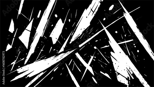 Vector art of a chaotic burst of sharp white streaks and splatters against black