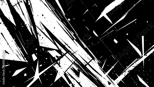 Vector art of dynamic black and white abstract pattern with sharp geometric lines and splatters