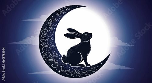 Silhouette Vector of Rabbit Sitting on the Moon – Magical Night Scene