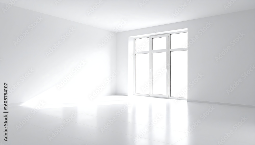 Fototapeta premium Bright sunlight streams into an empty, white room