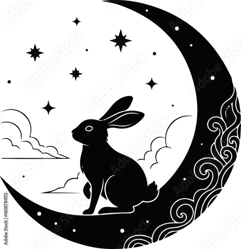 Silhouette Vector of Rabbit Sitting on the Moon – Magical Night Scene