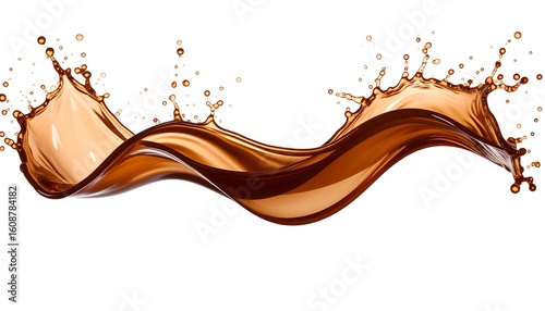 Brown liquid elegantly splashes, curving across a white background