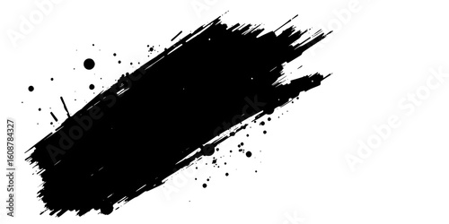 Vector art of a bold black ink brush stroke with splatters creates a dynamic abstract design on white