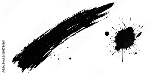 Vector art of a bold black ink brush stroke with splatters creates a dynamic abstract design on white