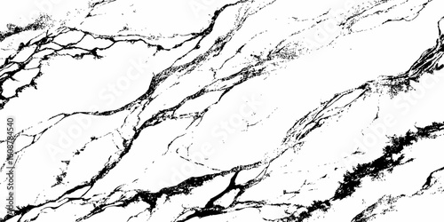 A high-resolution, close-up shot of a white marble or quartz surface with prominent, intricate black veining. The pattern should suggest natural stone,ideal for countertops, flooring,or wall cladding.