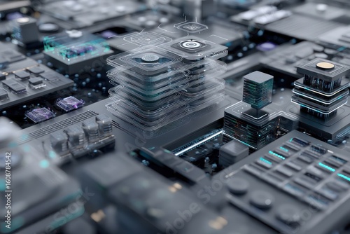 3D abstract technology concept focusing on data layers and AI-driven blockchain systems in action.