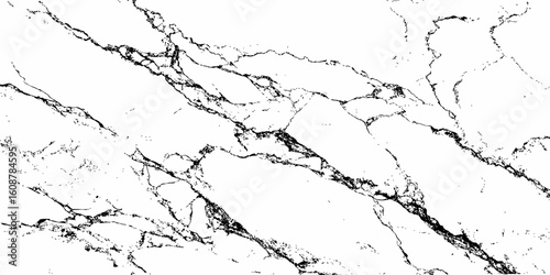 A high-resolution, close-up shot of a white marble or quartz surface with prominent, intricate black veining. The pattern should suggest natural stone,ideal for countertops, flooring,or wall cladding.