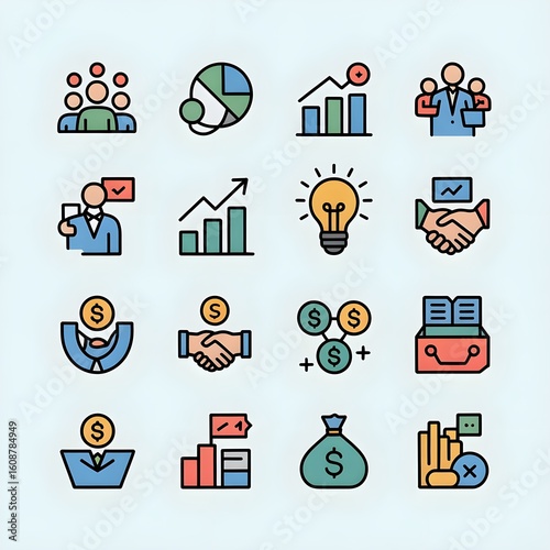 Minimalist Business Icons Set – Teamwork, Innovation, Growth & Finance in Vector Style