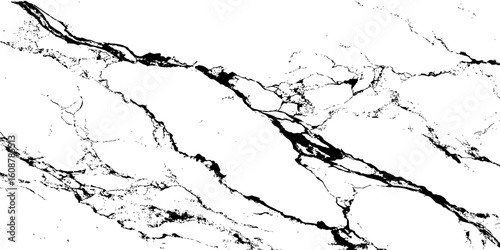 A high-resolution, close-up shot of a white marble or quartz surface with prominent, intricate black veining. The pattern should suggest natural stone,ideal for countertops, flooring,or wall cladding.