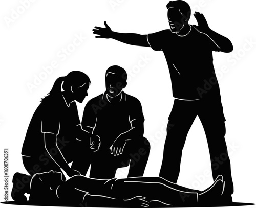 First Aid Silhouette Vector – CPR, Bandage, and Emergency Medical Help