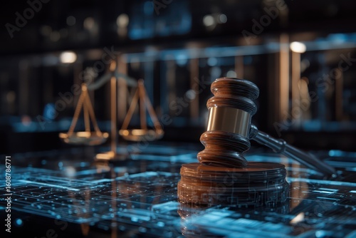 Virtual gavel and scales in a digitized courtroom setting, representing the future of justice and law.