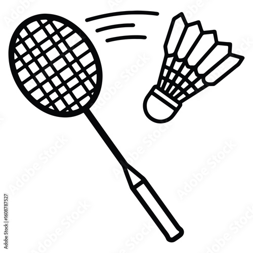 Simple black and white illustration of badminton racket with shuttlecock on white background