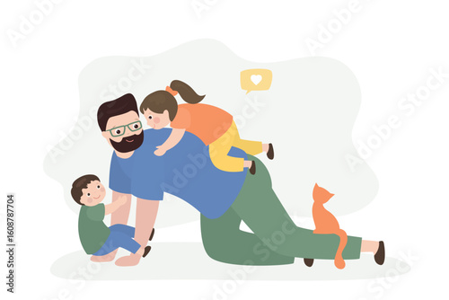 Dad and children hugging. Happy father holding small kids on his back and hands. Parent plays with kids on floor. Happy family. Relationship,