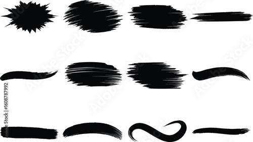 hand-drawn black brush stroke shapes collection isolated on white background for banner, decor, grunge, or ink design