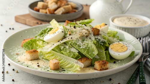 Fresh caesar salad with crisp romaine, egg, croutons, and dressing ready for a healthy meal