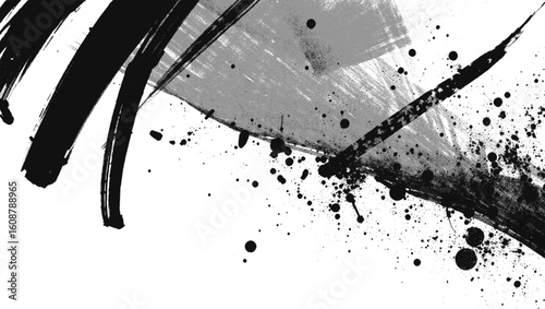 Vector art of abstract black ink brush strokes and splatters create a dynamic artistic background