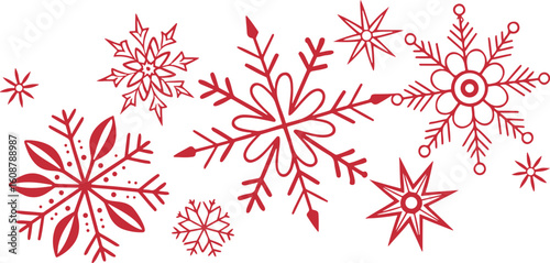 Isolated winter snowflake icon pack, red symmetrical designs, geometric snowflakes, flat minimal style, festive holiday decoration symbols, editable vector art