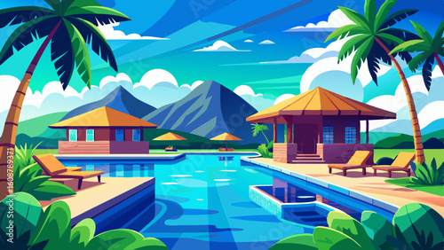 stunning landscape with a swimming pool blue sky