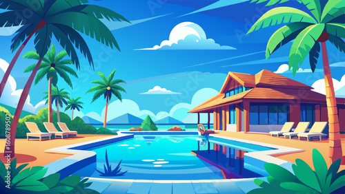 stunning landscape with a swimming pool blue sky