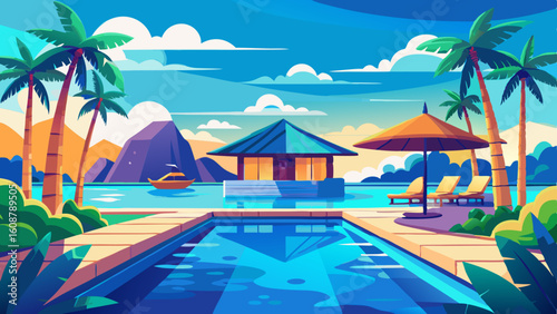 stunning landscape with a swimming pool blue sky