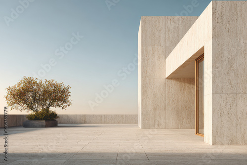 photorealistic ultraminimalist design featuring modern architectural masterpiece set against seamless contemporary