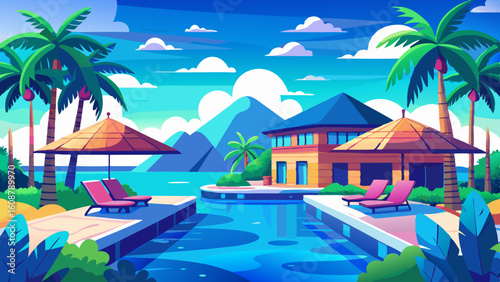 stunning landscape with a swimming pool blue sky