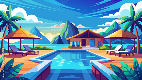 stunning landscape with a swimming pool blue sky