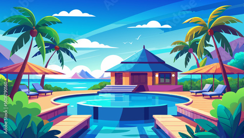 stunning landscape with a swimming pool blue sky