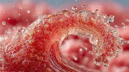 Wave-shaped form crafted from textured, reddish, fleshy material, topped with translucent water droplets against a hazy background