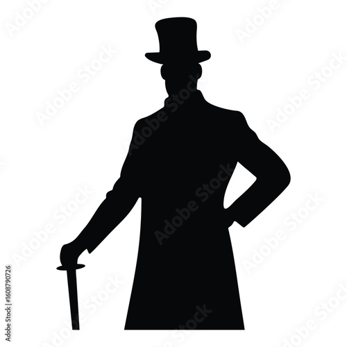 Black silhouette of Victorian gentleman in top hat, side profile of vintage man in formal attire, simple vector illustration