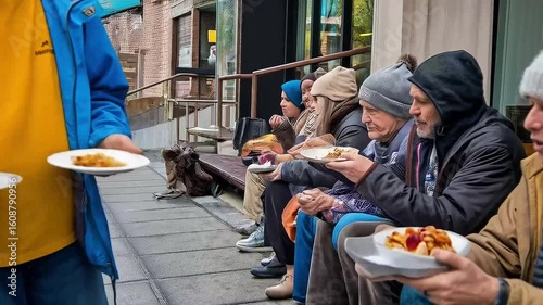A volunteer distributes warm meals to a group of people sitting on a city bench, a panning shot showing an act of charity