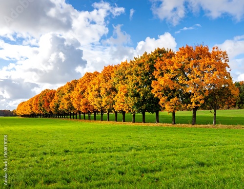 A picturesque autumnal landscape.  A vibrant row of maple trees, displaying brilliant orange and gold foliage, stands along a grassy field against a partly cloudy, sunny sky. 