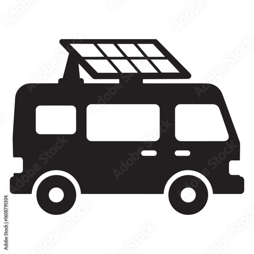 Black and white illustration of a campervan with a solar panel for sustainable energy.