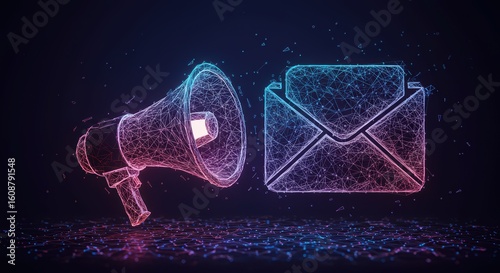 Digital marketing announcement and communication concept with glowing neon particles representing a megaphone and an envelope on a dark background with abstract light effects