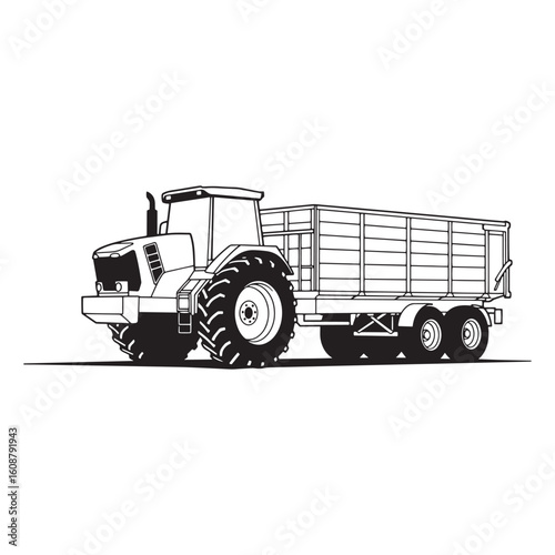 Black and white illustration of a modern tractor and trailer for agricultural purposes