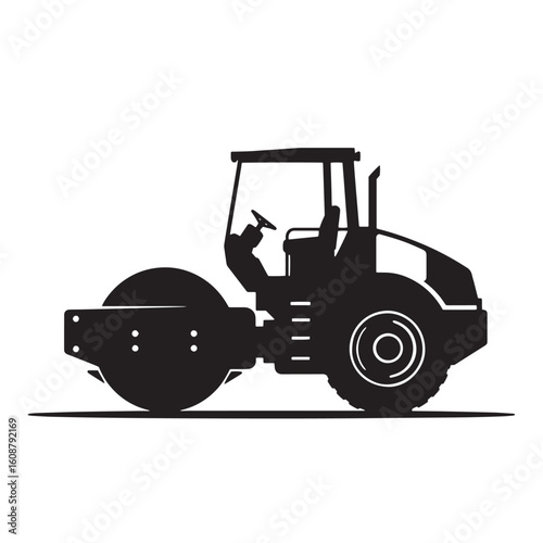 Black and white illustration of a road roller compactor for construction and groundwork