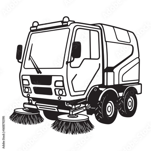 Black and white illustration of a street sweeper cleaning vehicle in outline form
