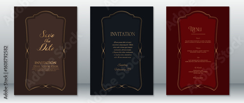 Elegant wedding card set featuring Save the Date, formal Invitation, and Menu designs. Styled with gold decorative borders on rich brown, black, and deep red backgrounds.