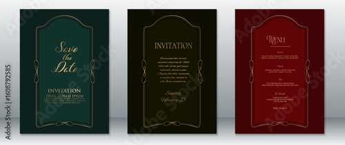 Luxurious wedding card trio with Save the Date, Invitation, and Menu templates. Features tall vintage-style gold frames on rich dark green, black, and maroon backgrounds.