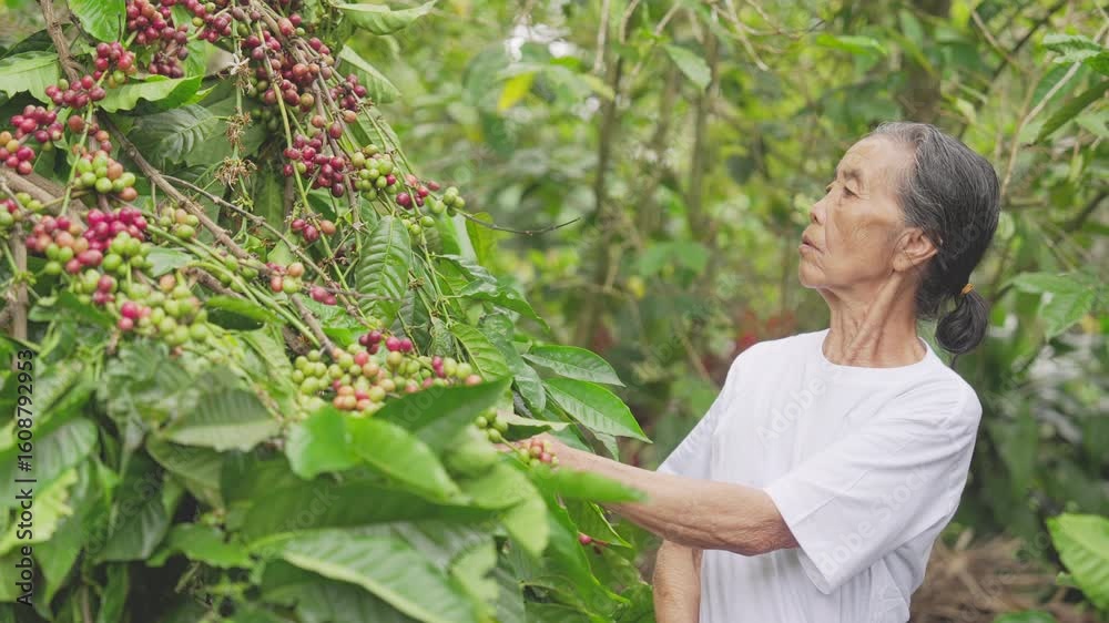 old woman Indonesian robusta coffee farmer harvesting ripe red coffee berries or cherries on tree in farm in Bali, Indonesia, southeast asia, grey hair, handpicking, picking, slow motion old woman Indonesian robusta coffee farmer harvesting ripe red coffee berries or cherries on tree in farm in Bali, Indonesia, southeast asia, grey hair, handpicking, picking, slow motion