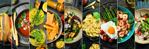 Obraz  z motywem Various gourmet healthy food and drinks, on black slate background, collage menu design, wide banner.
