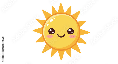 Cute cartoon sun with smiling face and blushing cheeks on white background