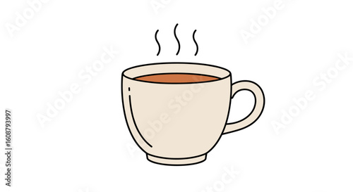 Simple line art of a steaming coffee cup on a white background