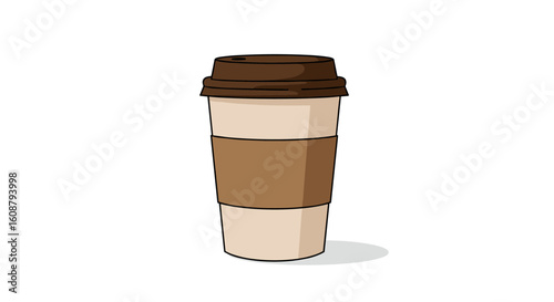 Cartoon style coffee cup with brown sleeve on white background