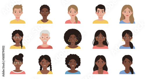 Diverse collection of flat style faces featuring a range of expressions and ethnicities on a white background