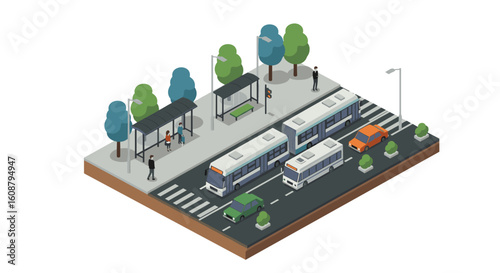 Urban isometric city scene with buses and cars at a bus stop