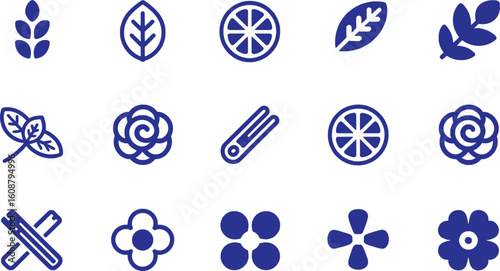 Blue botanical and floral icons vector silhouette