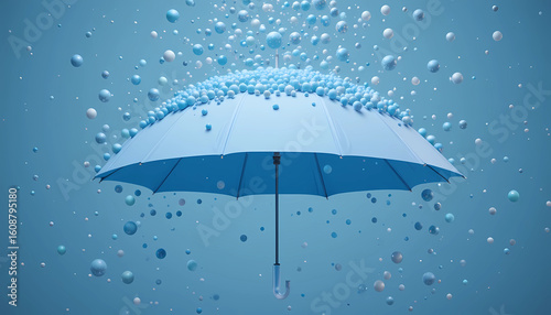 A light blue umbrella covered in small blue spheres with a matching background and spheres floating